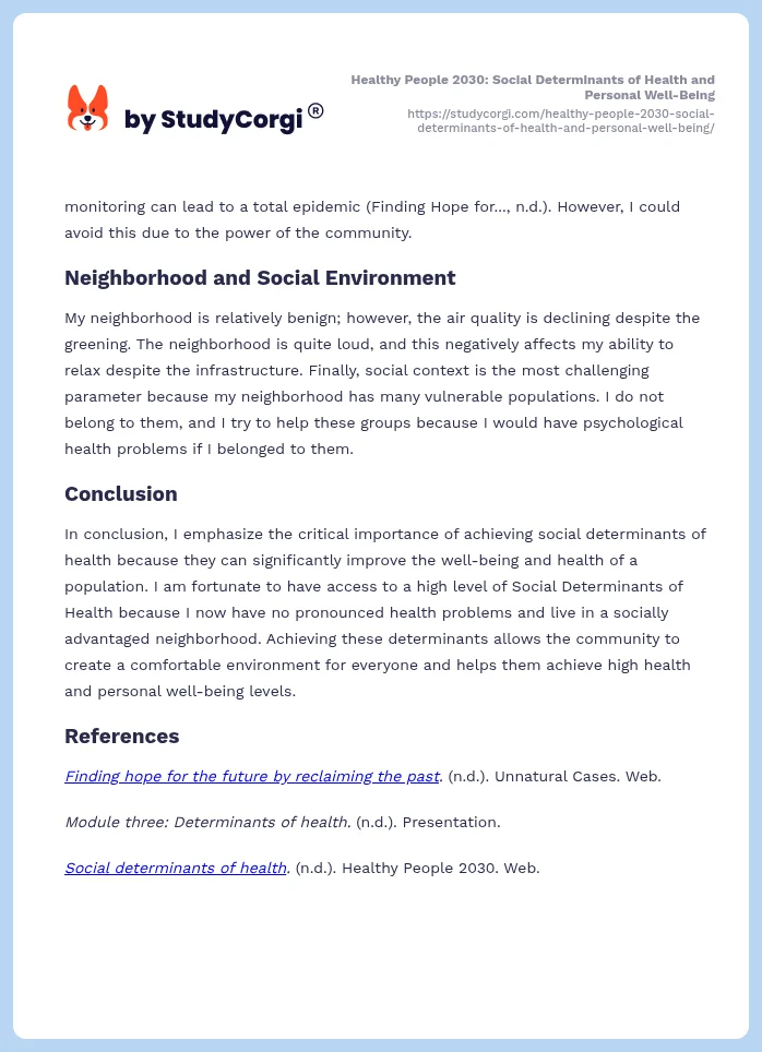 Healthy People 2030: Social Determinants of Health and Personal Well-Being. Page 2