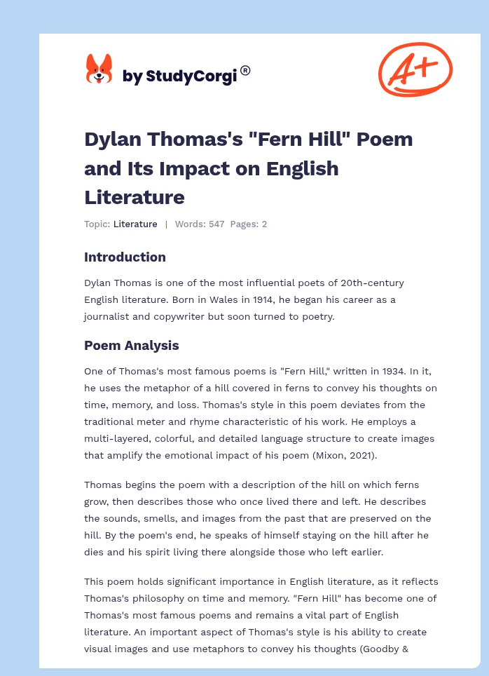 Dylan Thomas's "Fern Hill" Poem and Its Impact on English Literature. Page 1