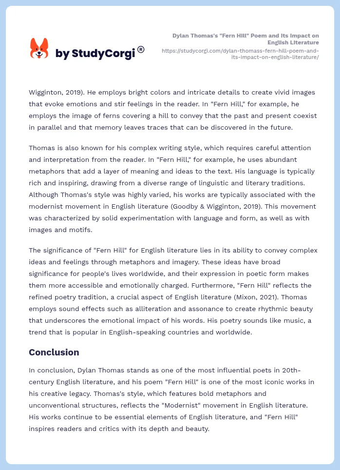 Dylan Thomas's "Fern Hill" Poem and Its Impact on English Literature. Page 2
