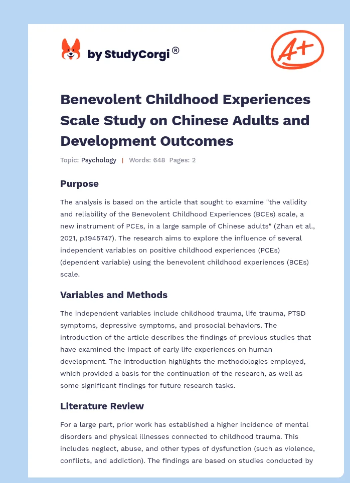 Benevolent Childhood Experiences Scale Study on Chinese Adults and Development Outcomes. Page 1