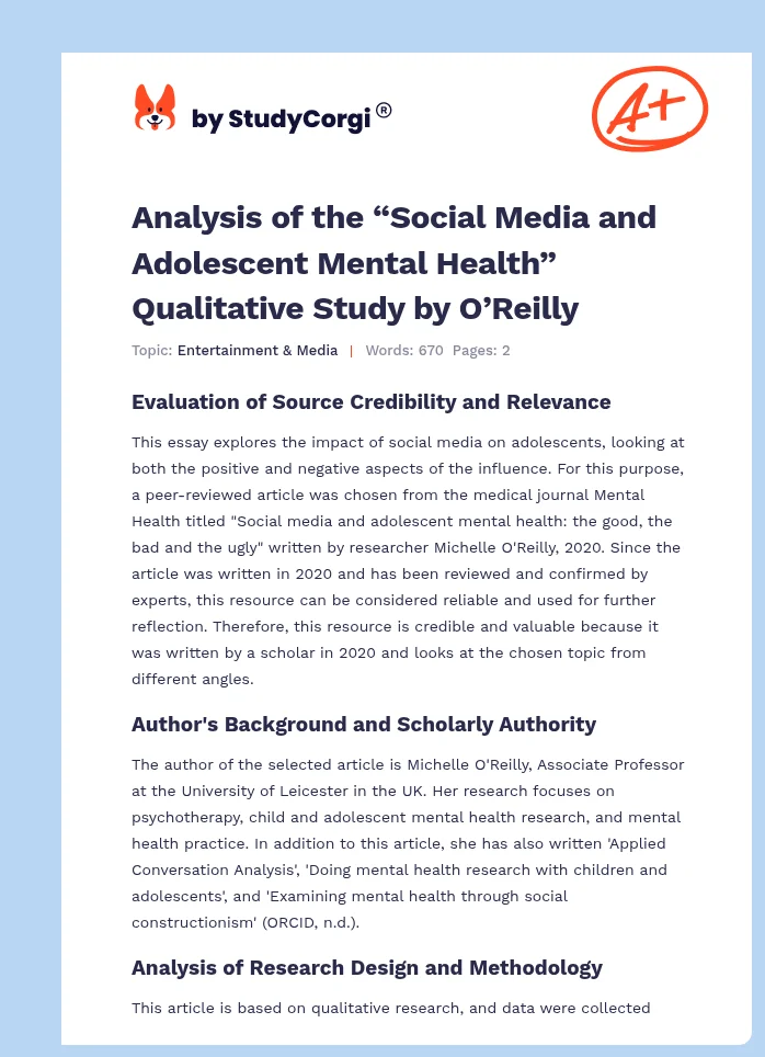 Analysis of the “Social Media and Adolescent Mental Health” Qualitative Study by O’Reilly. Page 1