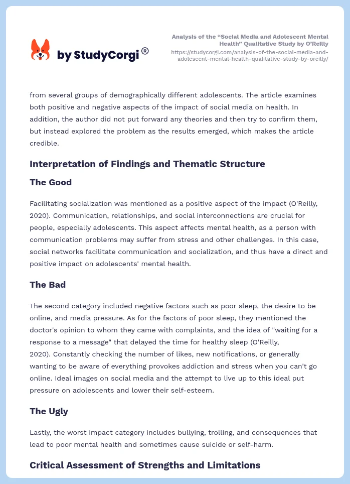 Analysis of the “Social Media and Adolescent Mental Health” Qualitative Study by O’Reilly. Page 2