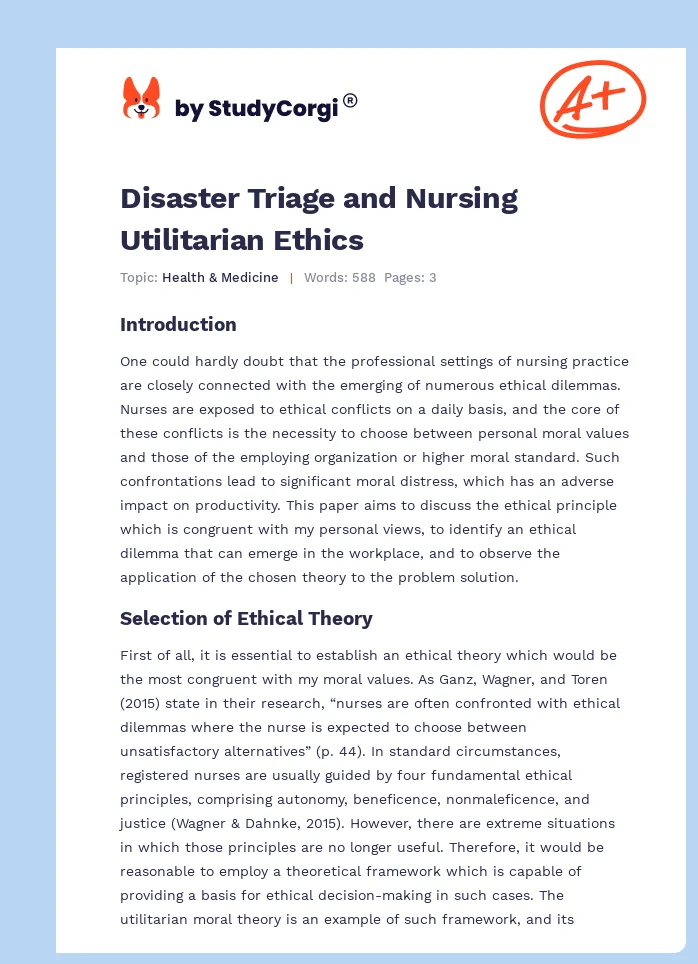 Disaster Triage and Nursing Utilitarian Ethics. Page 1