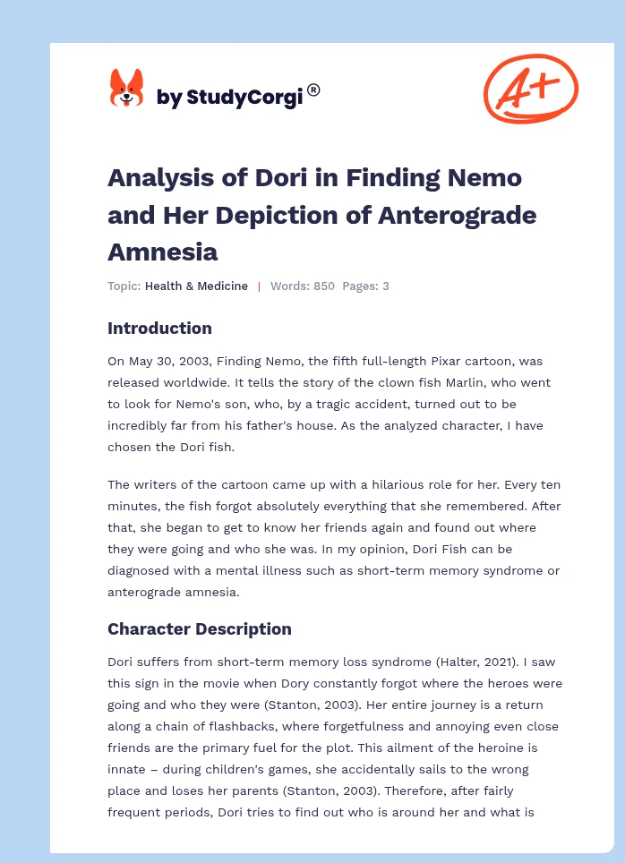 Analysis of Dori in Finding Nemo and Her Depiction of Anterograde Amnesia. Page 1