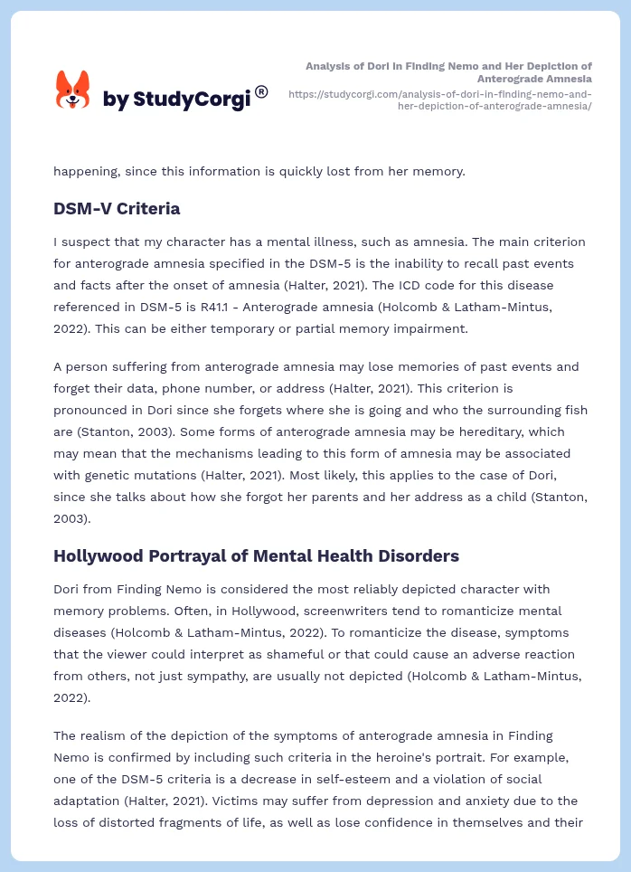 Analysis of Dori in Finding Nemo and Her Depiction of Anterograde Amnesia. Page 2