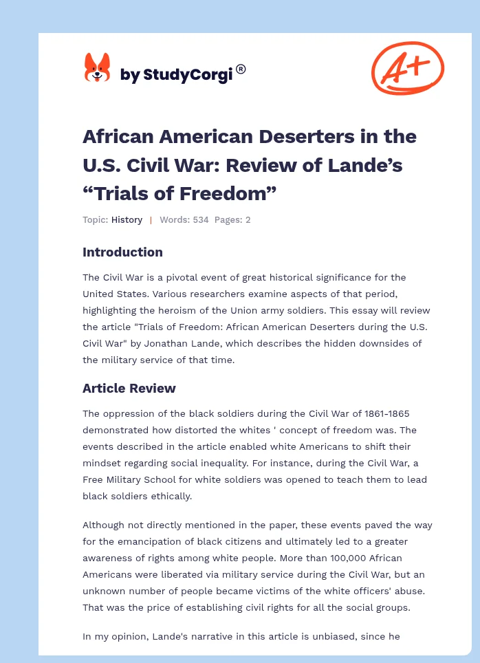 African American Deserters in the U.S. Civil War: Review of Lande’s “Trials of Freedom”. Page 1