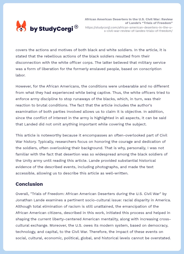 African American Deserters in the U.S. Civil War: Review of Lande’s “Trials of Freedom”. Page 2