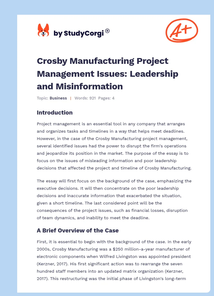 Crosby Manufacturing Project Management Issues: Leadership and Misinformation. Page 1
