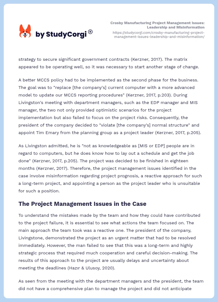 Crosby Manufacturing Project Management Issues: Leadership and Misinformation. Page 2