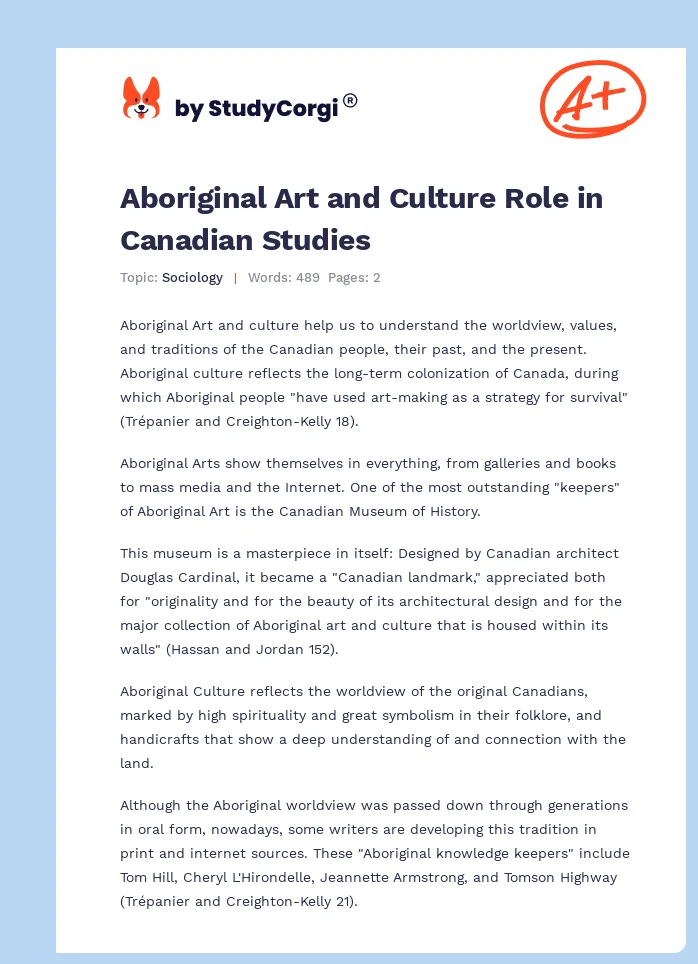 Aboriginal Art and Culture Role in Canadian Studies. Page 1