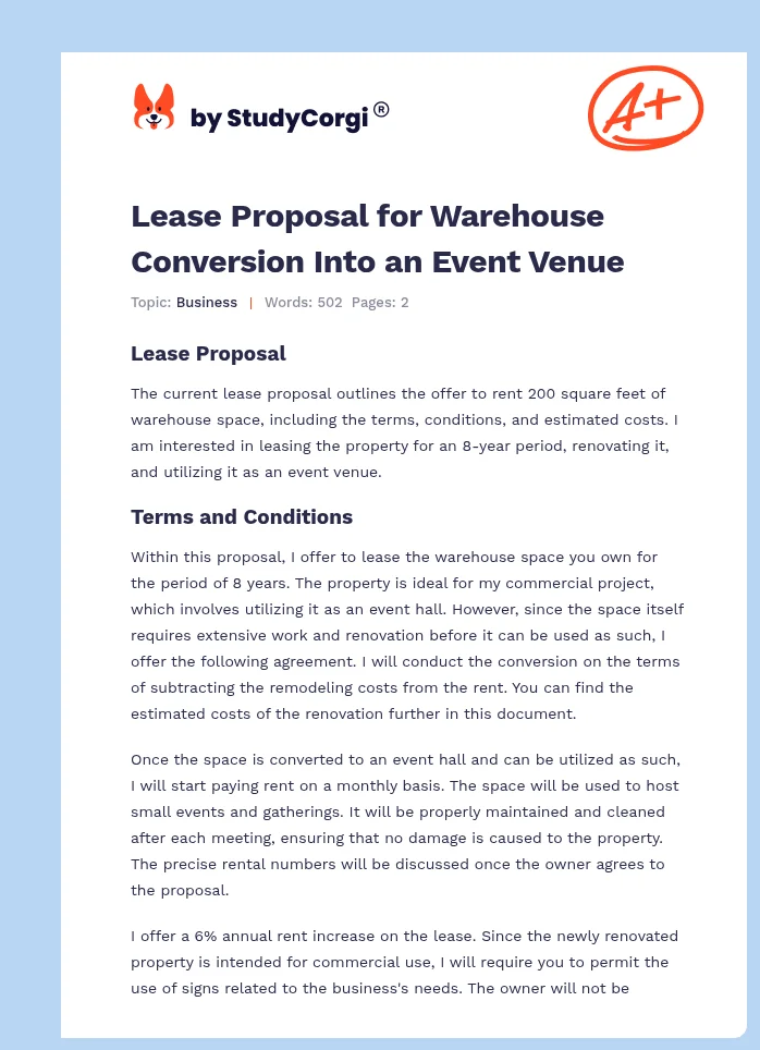 Lease Proposal for Warehouse Conversion Into an Event Venue. Page 1