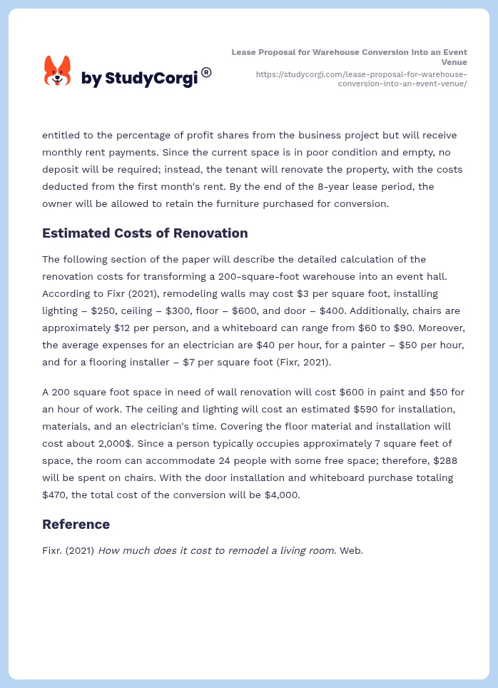 Lease Proposal for Warehouse Conversion Into an Event Venue. Page 2