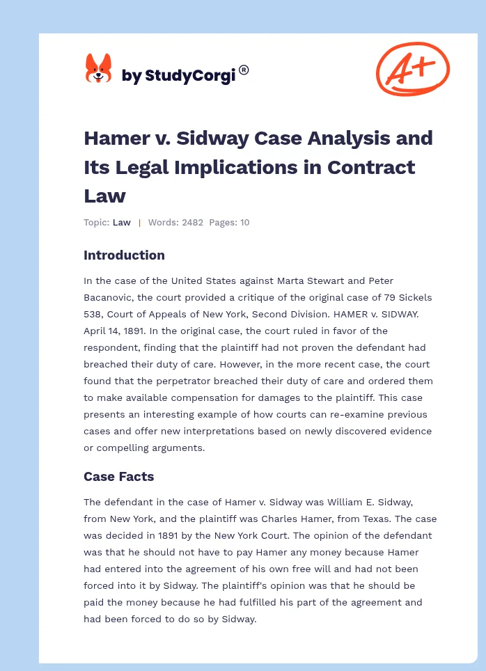 Hamer v. Sidway Case Analysis and Its Legal Implications in Contract Law. Page 1