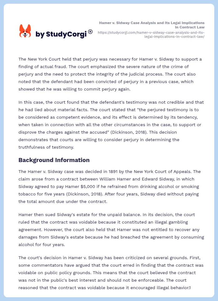 Hamer v. Sidway Case Analysis and Its Legal Implications in Contract Law. Page 2