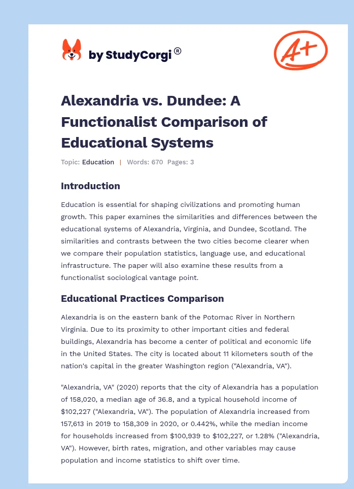 Alexandria vs. Dundee: A Functionalist Comparison of Educational Systems. Page 1