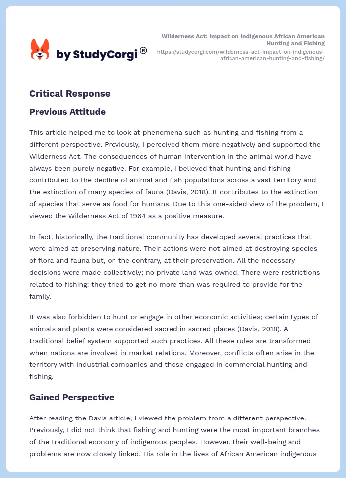 Wilderness Act: Impact on Indigenous African American Hunting and Fishing. Page 2