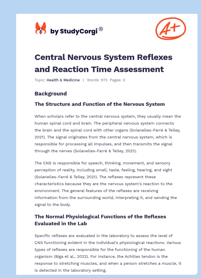 Central Nervous System Reflexes and Reaction Time Assessment. Page 1