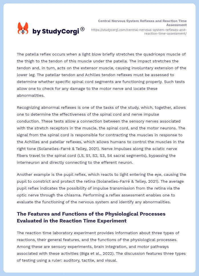 Central Nervous System Reflexes and Reaction Time Assessment. Page 2