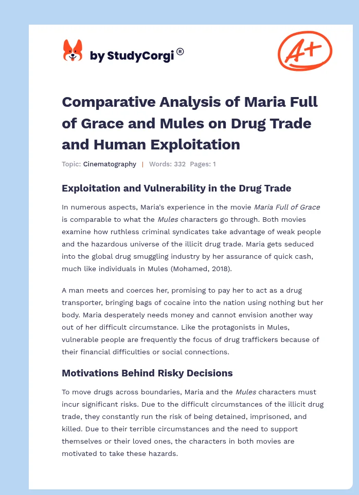 Comparative Analysis of Maria Full of Grace and Mules on Drug Trade and Human Exploitation. Page 1