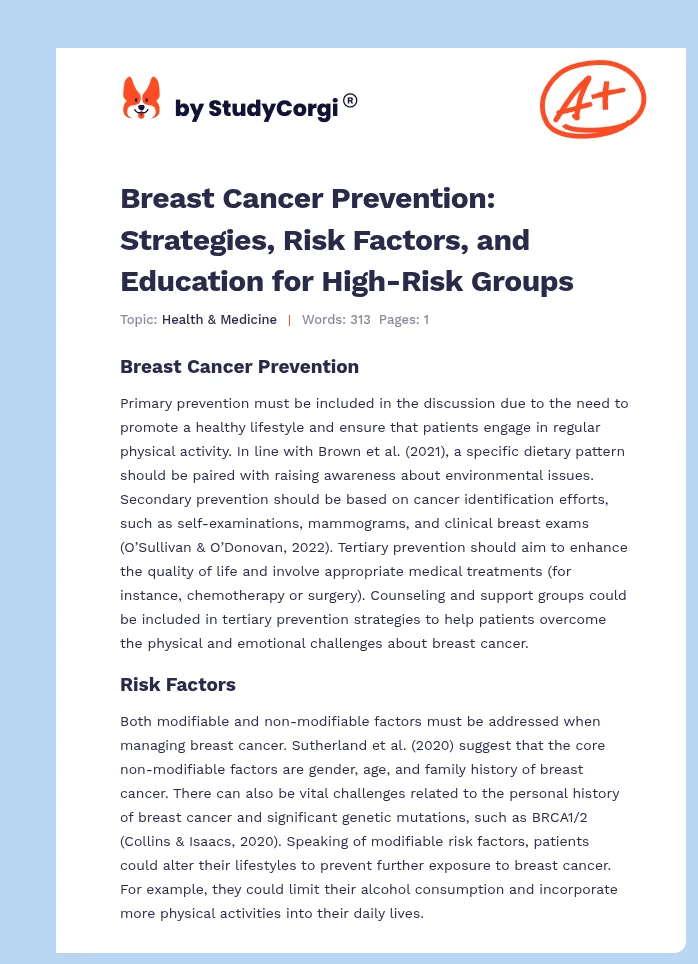 Breast Cancer Prevention: Strategies, Risk Factors, and Education for High-Risk Groups. Page 1