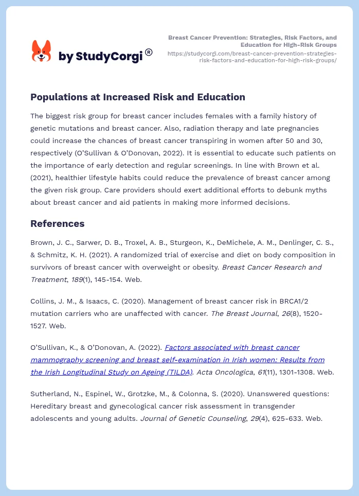 Breast Cancer Prevention: Strategies, Risk Factors, and Education for High-Risk Groups. Page 2