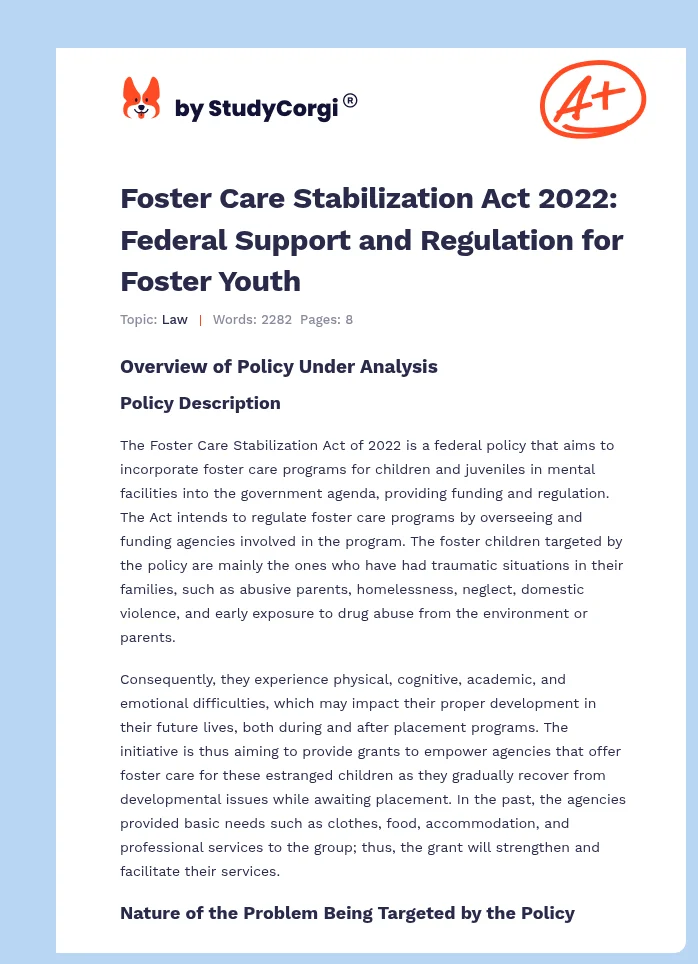 Foster Care Stabilization Act 2022: Federal Support and Regulation for Foster Youth. Page 1
