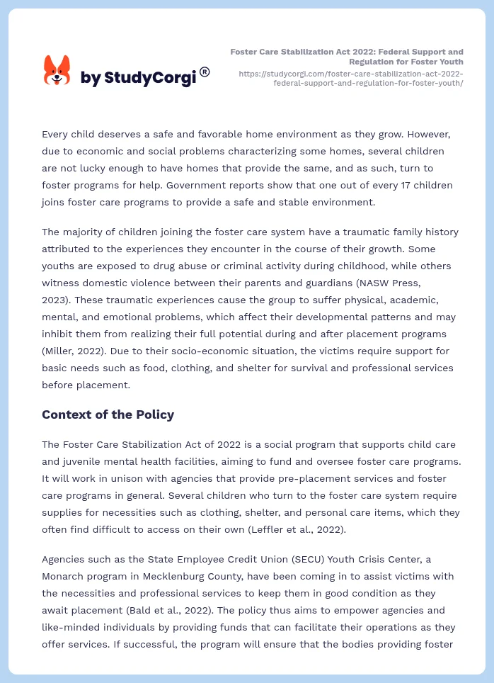 Foster Care Stabilization Act 2022: Federal Support and Regulation for Foster Youth. Page 2
