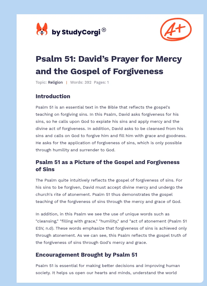Psalm 51: David’s Prayer for Mercy and the Gospel of Forgiveness. Page 1