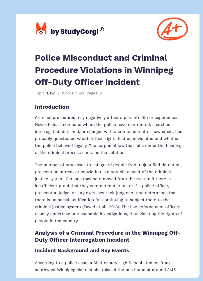Police Misconduct and Criminal Procedure Violations in Winnipeg Off-Duty Officer Incident. Page 1