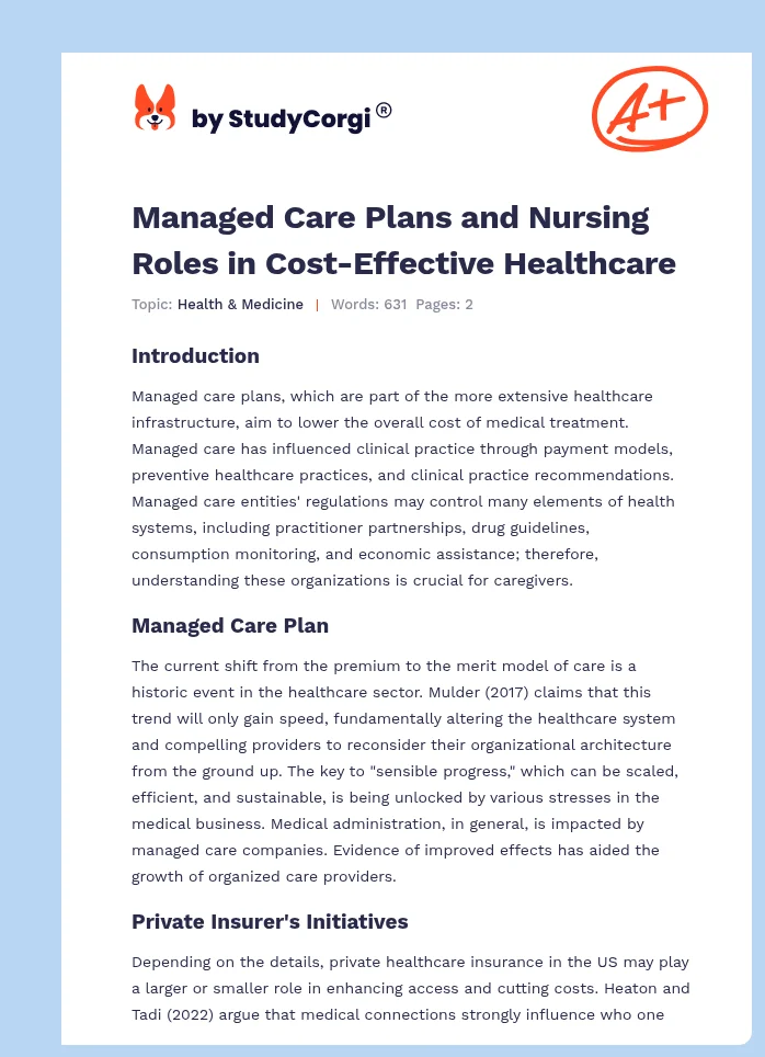 Managed Care Plans and Nursing Roles in Cost-Effective Healthcare. Page 1