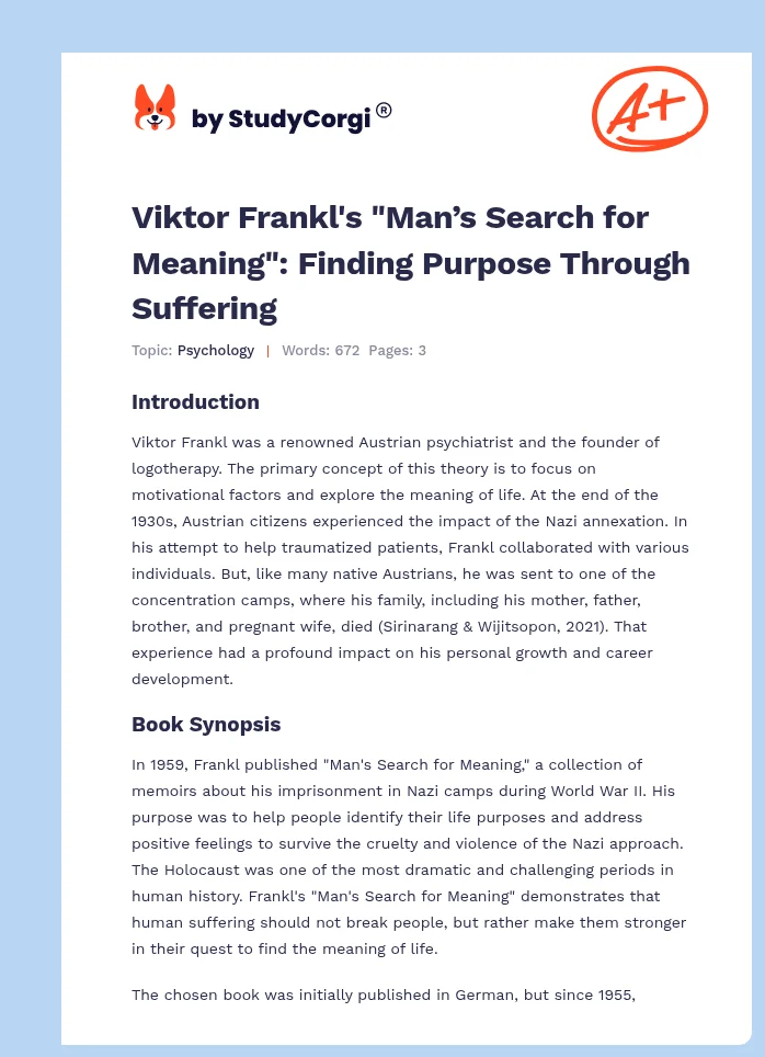 Viktor Frankl's "Man’s Search for Meaning": Finding Purpose Through Suffering. Page 1