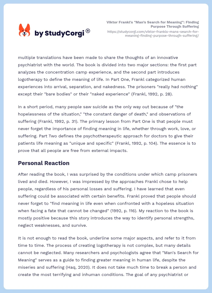 Viktor Frankl's "Man’s Search for Meaning": Finding Purpose Through Suffering. Page 2