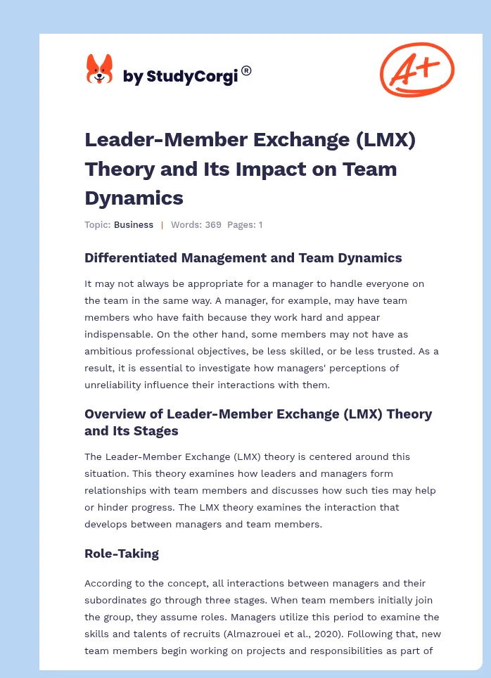 Leader-Member Exchange (LMX) Theory and Its Impact on Team Dynamics. Page 1