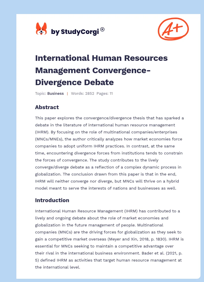 International Human Resources Management Convergence-Divergence Debate. Page 1