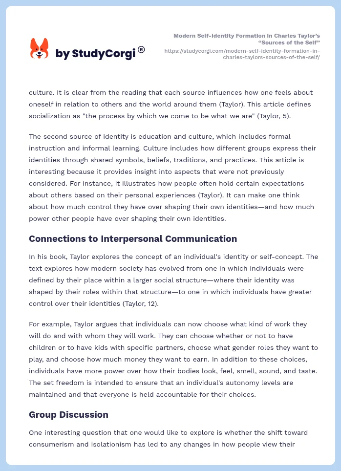 Modern Self-Identity Formation in Charles Taylor’s “Sources of the Self”. Page 2