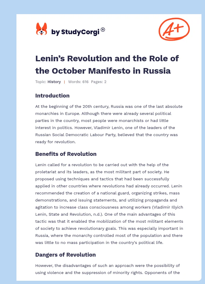 Lenin’s Revolution and the Role of the October Manifesto in Russia. Page 1