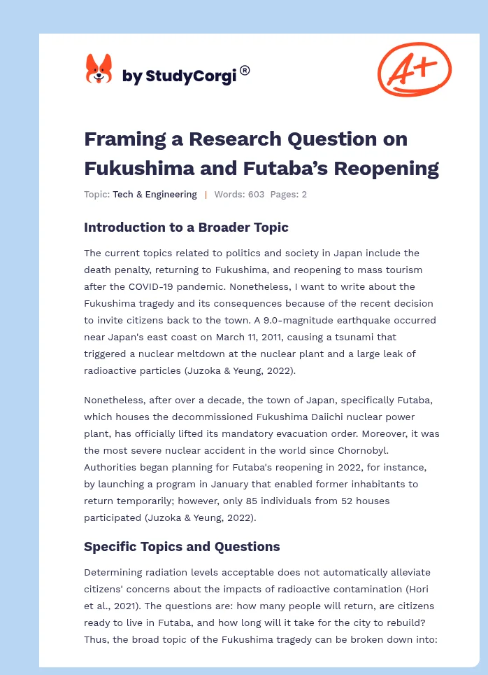 Framing a Research Question on Fukushima and Futaba’s Reopening. Page 1