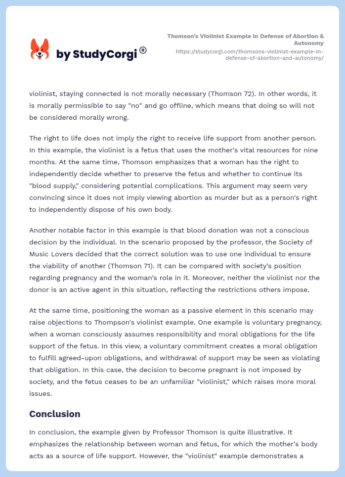 Thomson’s Violinist Example in Defense of Abortion & Autonomy. Page 2