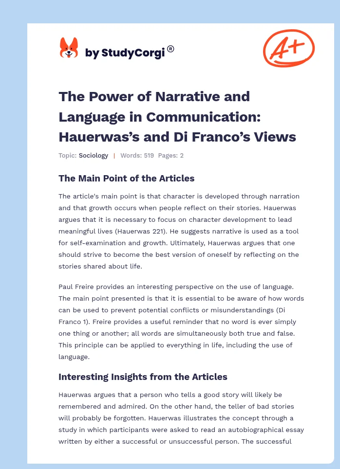 The Power of Narrative and Language in Communication: Hauerwas’s and Di Franco’s Views. Page 1