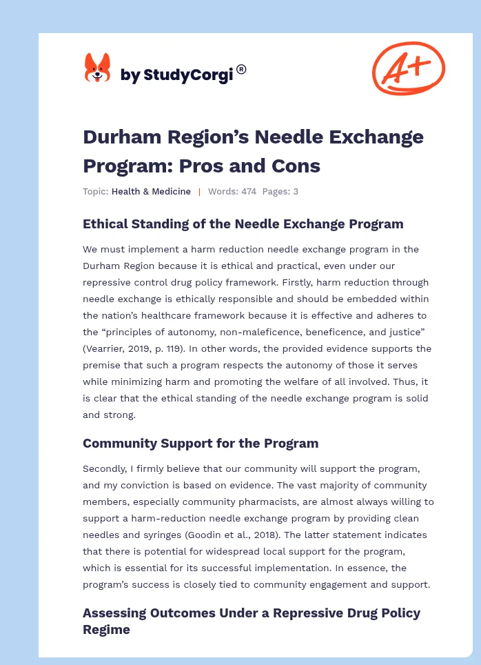 Durham Region’s Needle Exchange Program: Pros and Cons. Page 1