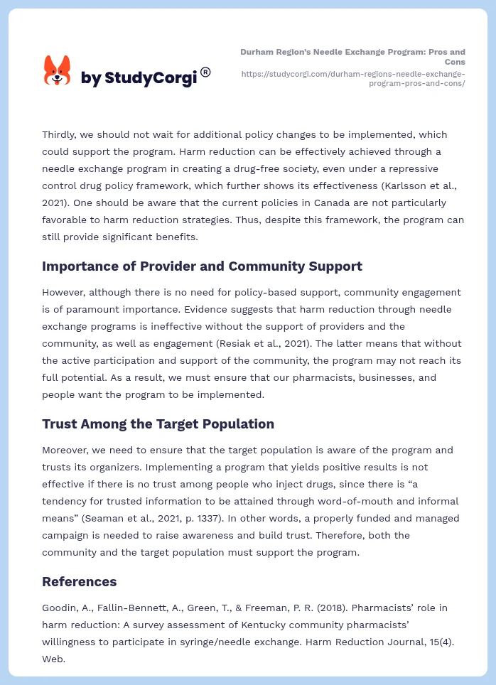 Durham Region’s Needle Exchange Program: Pros and Cons. Page 2