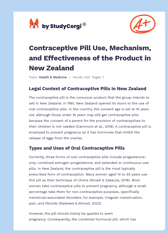 Contraceptive Pill Use, Mechanism, and Effectiveness of the Product in New Zealand. Page 1