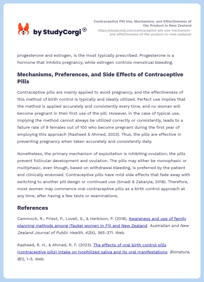 Contraceptive Pill Use, Mechanism, and Effectiveness of the Product in New Zealand. Page 2
