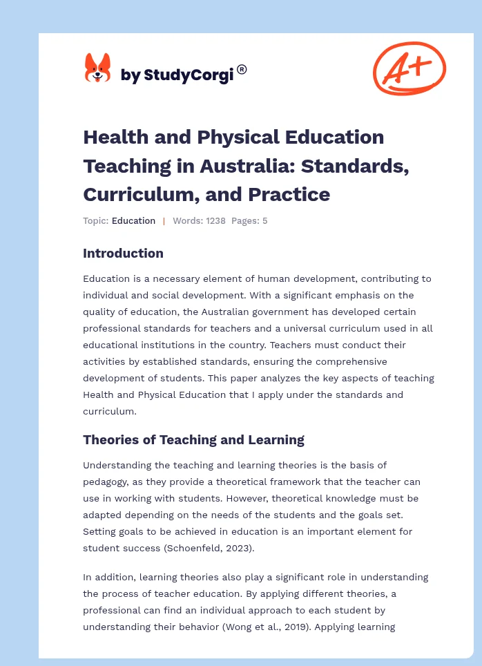 Health and Physical Education Teaching in Australia: Standards, Curriculum, and Practice. Page 1