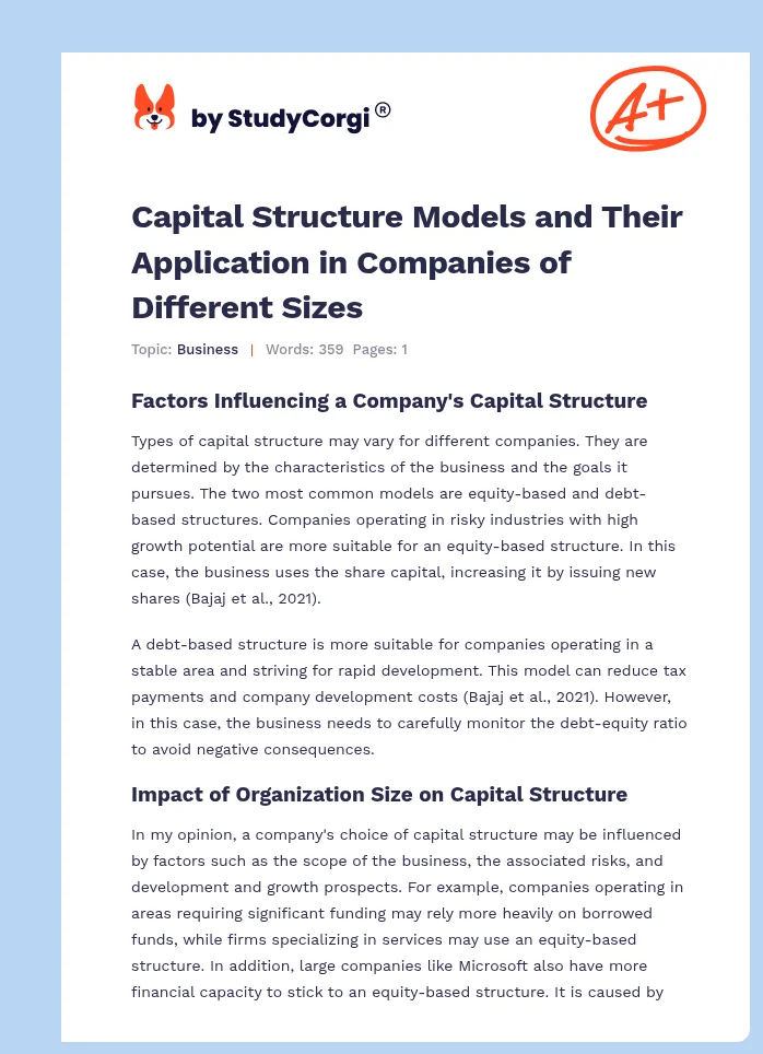 Capital Structure Models and Their Application in Companies of Different Sizes. Page 1