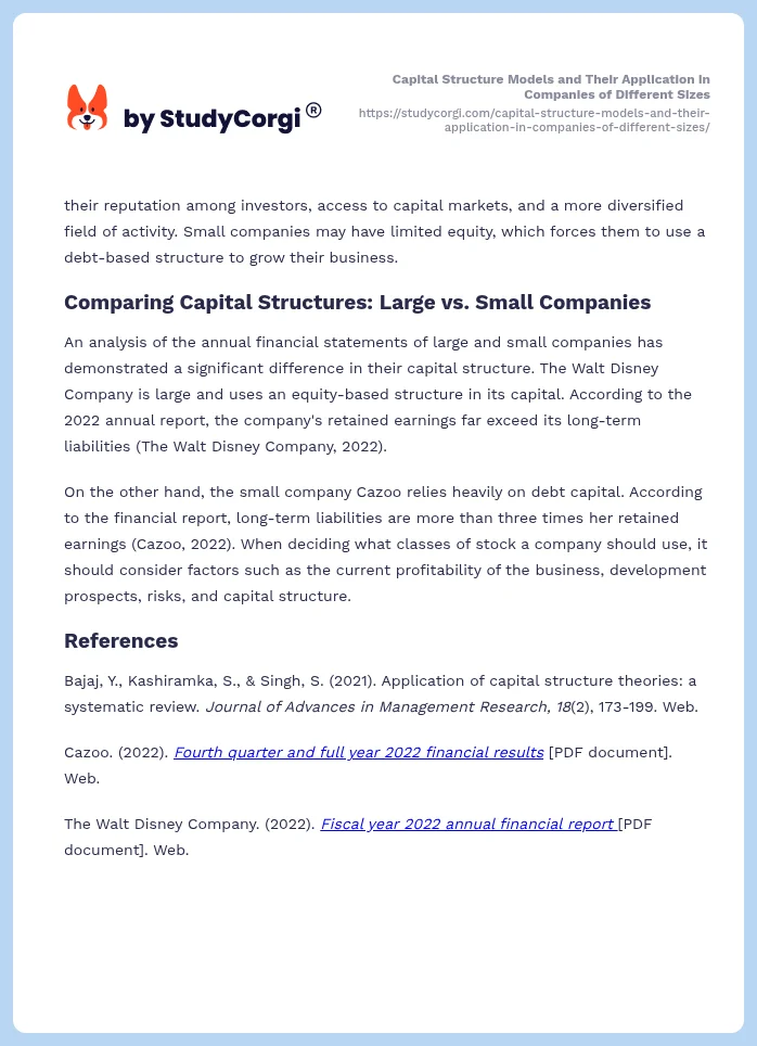 Capital Structure Models and Their Application in Companies of Different Sizes. Page 2