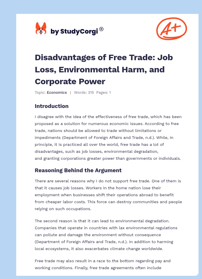 Disadvantages of Free Trade: Job Loss, Environmental Harm, and Corporate Power. Page 1