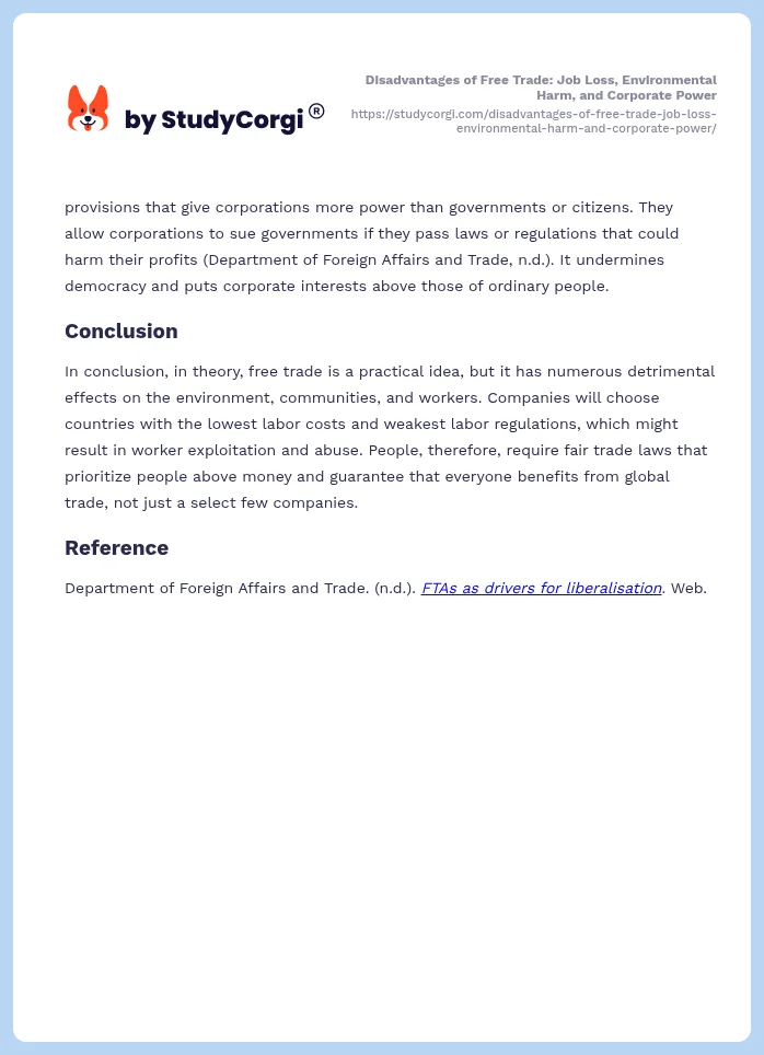 Disadvantages of Free Trade: Job Loss, Environmental Harm, and Corporate Power. Page 2