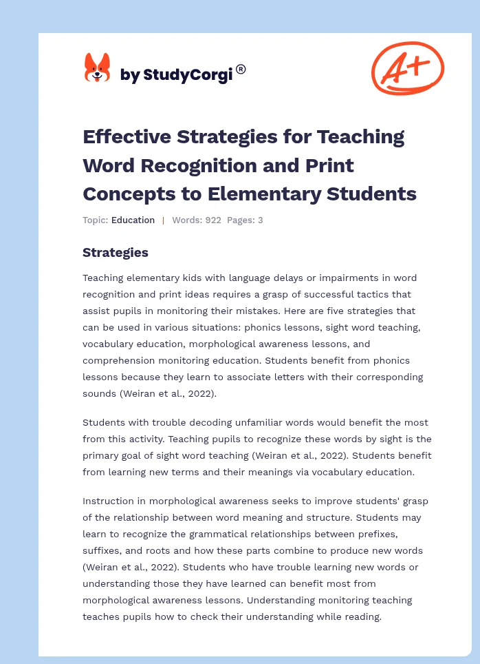 Effective Strategies for Teaching Word Recognition and Print Concepts to Elementary Students. Page 1