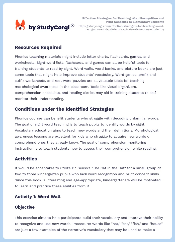 Effective Strategies for Teaching Word Recognition and Print Concepts to Elementary Students. Page 2